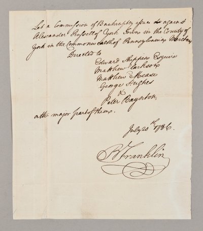 Commissione di bancarotta, 20 luglio 1786 (penna e inchiostro su carta) da Benjamin Franklin