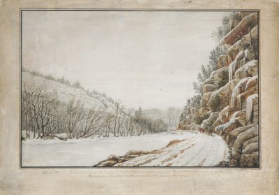 Vista sulla nuova strada a pedaggio, al margine del Juniata, con una vista lontana..., 1820 da Benjamin Henry Latrobe