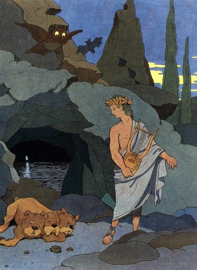 Orfeo e la sua lira addormentano Cerbero, il cane a tre teste da Benjamin Rabier