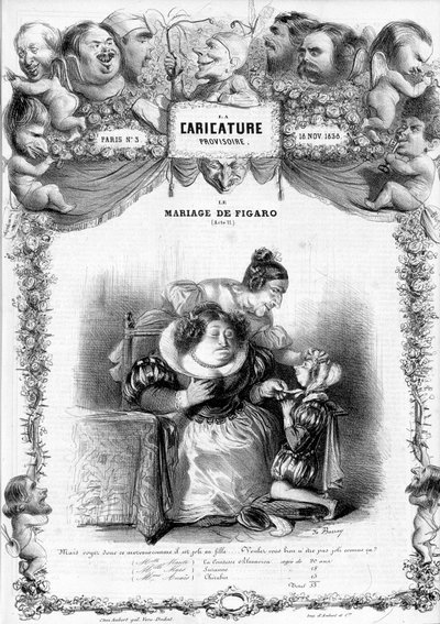 Le nozze di Figaro, Atto 11, con i personaggi di Susanna e la contessa Almaviva: “_ ma guarda questa mocciosa quanto è carina come ragazza... non sarai carina così?" illustrazione, 1838. da Benjamin Roubaud