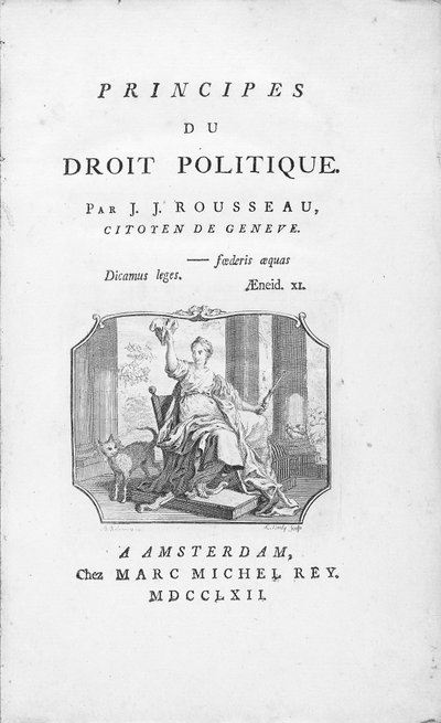 Frontespizio di "Principi del diritto politico" di Jean Jacques Rousseau, con vignetta allegorica della Libertà, inciso da Borly, pubblicato nel 1762 da Benjamin Samuel Bolomey