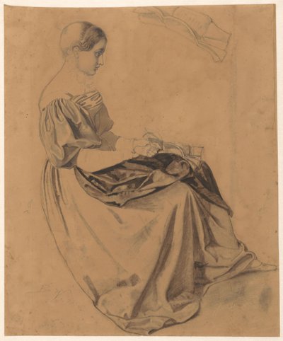 Ragazza seduta con una lettera; la lettera ripetuta in alto da Benjamin Vautier