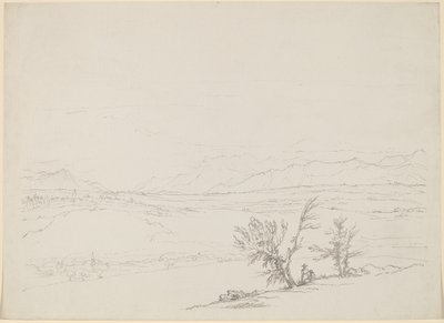 Paesaggio alpino con una coppia seduta vicino agli alberi che guarda una valle da Benjamin West