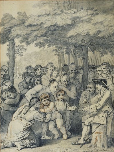 Gli indiani consegnano i prigionieri inglesi al colonnello Bouquet vicino al suo campo a Muskingum, Nord America, novembre 1764 da Benjamin West