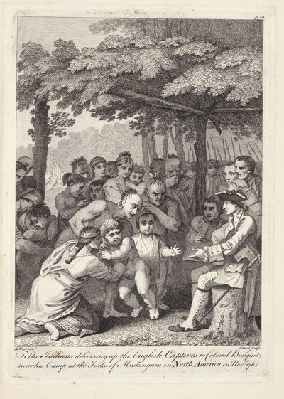 Gli indiani consegnano i prigionieri inglesi al colonnello Bouquet vicino al suo campo ai Forks of Muskingham in Nord America nel novembre 1764 da Benjamin West