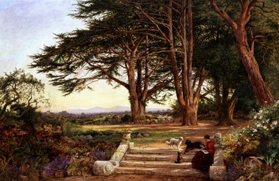 Lettura sui gradini della terrazza 1896. Una donna legge seduta sui gradini di un giardino, mentre tre cagnolini la ascoltano. Dipinto di Benjamin Williams Leader (1831-1923, Regno Unito) Collezione privata da Benjamin Williams Leader