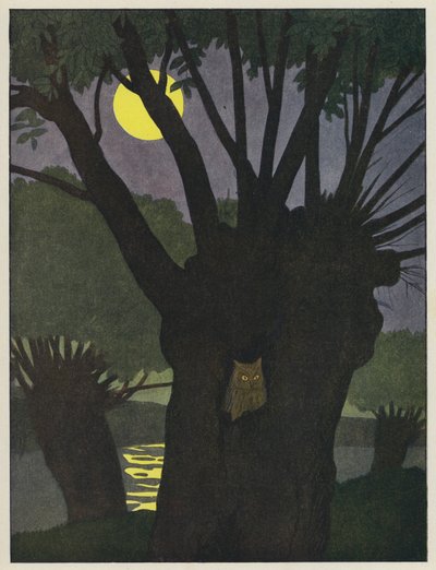Gufo in un buco in un albero in una notte di luna da Benjamin Rabier