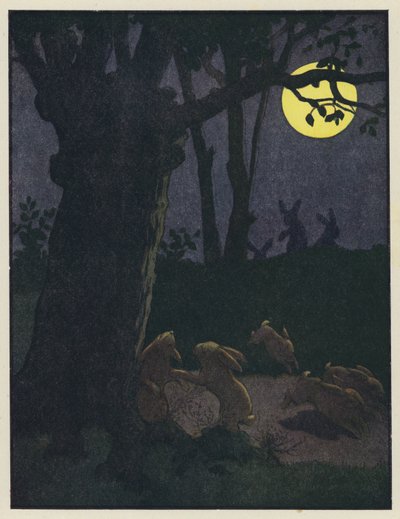 Conigli sotto un albero in una notte di luna da Benjamin Rabier