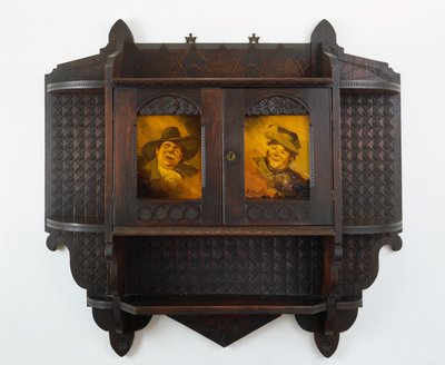 Armadio a muro con placche in ceramica, intaglio attribuito a Mary Madeline Nourse, placche a Artus van Briggle (1869-1904) 1887-99 (noce nero e argilla smaltata) da Benn attr.to Pitman