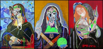 Trittico dopo Leonardo da Vinci, 2019 (olio, carta e acrilico su 3 tele accostate) da Benoit Erwann Boucherot
