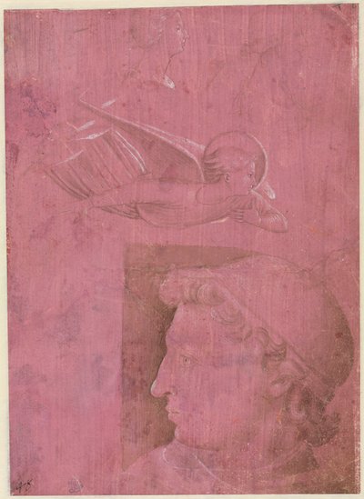 Testa di un uomo, due studi di profilo di una donna e uno studio di un angelo (verso), c. 1458 da Benozzo Gozzoli