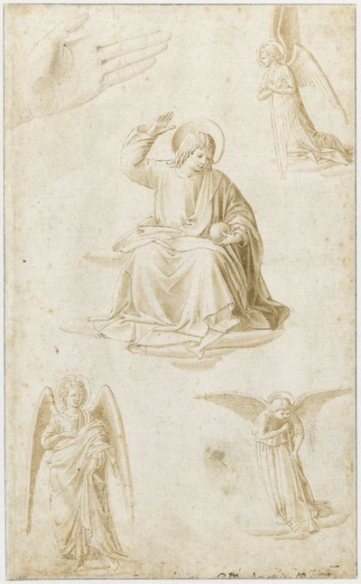 Studi di una mano, tre angeli e Cristo come Salvator Mundi, seconda metà del XV secolo da Benozzo Gozzoli