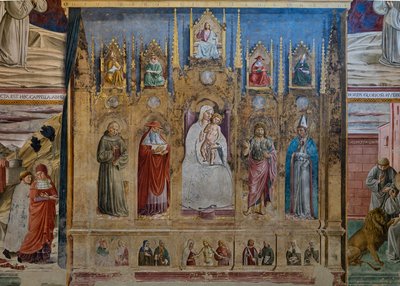 Un falso polittico con la Vergine Maria e il Bambino, S. Antonio di Padova, San Girolamo, San Giovanni e San Luigi di Tolosa, Cappella di San Girolamo da Benozzo di Lese di Sandro Gozzoli