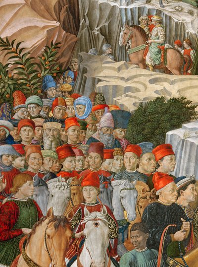 Volti nella processione, incluso un autoritratto di Gozzoli (indossando un berretto rosso con l