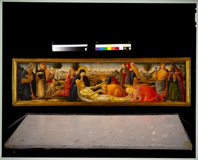 Pannello della Predella - Lamentazione con due santi maschi che introducono due demoni maschi da Benozzo di Lese di Sandro Gozzoli