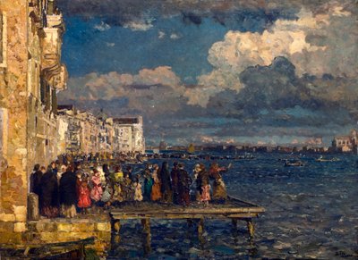 Preparazione della Festa del Redentore a Venezia, dipinto di Beppe Ciardi (1875-1932) 1910-1915 Collezione privata da Beppe Ciardi
