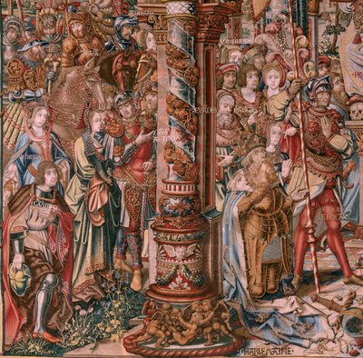 Arazzo fiammingo. Serie Gli Onori. Fede. Primo arazzo della serie. Modello Cartonisti del circolo di Bernard van Orley e Jan Gossaert (Mabuse). Manifattura Pieter van Aelst, Bruxelles. Ca 1550. da Bernaert van (circle of) Orley