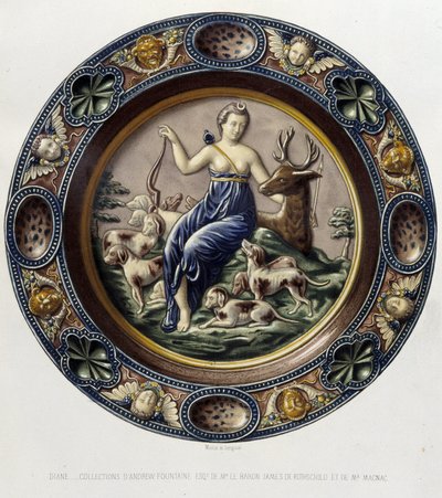Diana (Artemide) cacciatrice - Piatto ceramico, in "The work of Bernard Palissy" di C. Delange e C. Borneman, Parigi da Bernard (after) Palissy