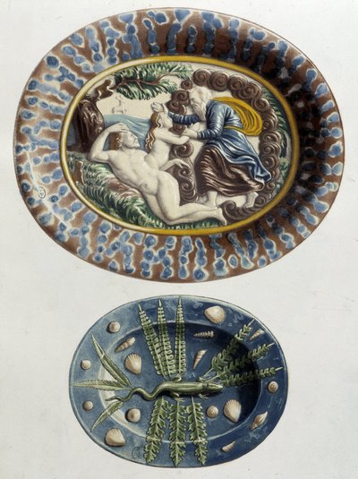 Dio crea Eva dalla coscia di Adamo; Lucertola - Piatti in ceramica, in "The work of Bernard Palissy" di C. Delange e C. Borneman, Parigi da Bernard (after) Palissy