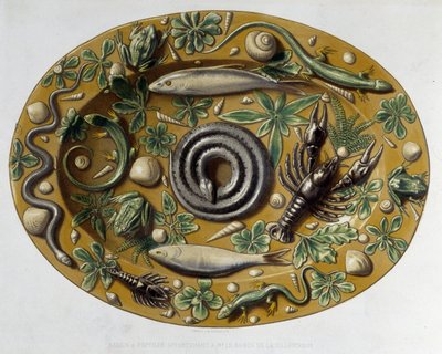 Passin a rettili - Piatto ceramico, in "The work of Bernard Palissy" di C. Delange e C. Borneman, Parigi da Bernard (after) Palissy