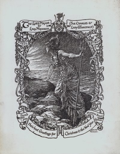 Britannia che guarda il mare, cartolina di auguri di Natale della Prima Guerra Mondiale dal Sindaco e dalla Signora Sindaco di Londra, Sir Charles e Lady Wakefield da Bernard (after) Partridge