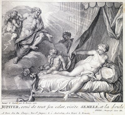 Giove (Zeus) brucia Semele con il suo fulmine. Incisione del XVIII secolo dopo il disegno di B. Picart realizzato nel 1708. da Bernard (after) Picart