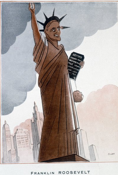 Caricatura di Franklin Roosevelt nella Statua della Libertà - Illustrazione di Bernard Becan (Bernhard Kahn) (1890-1943) in "Fantasio" del 01/12/1932 da Bernard Becan
