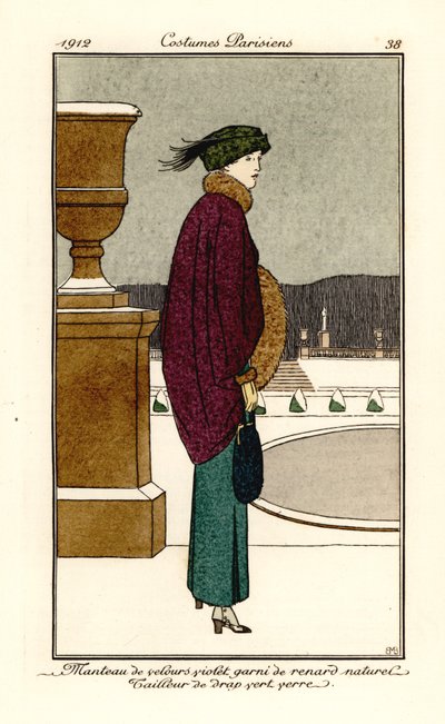 Donna in mantello di velluto viola bordato di pelliccia di volpe, abito di lana verde bottiglia da Bernard Boutet de Monvel