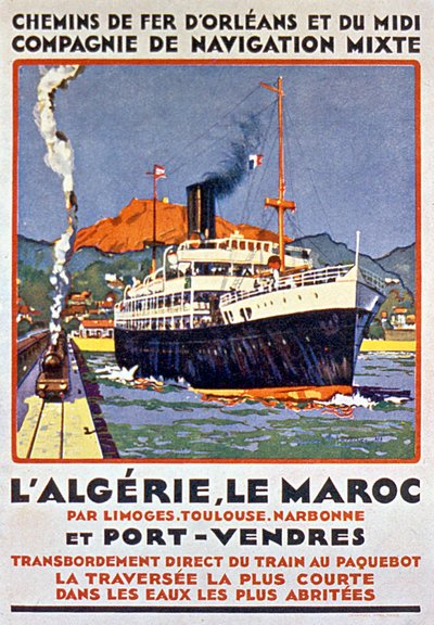 Manifesto pubblicitario della ferrovia francese diretta in Algeria e Marocco dalla Francia via Limoges, Tolosa, Narbonne e Port Vendres, 1900 ca. da Bernard Lachevre