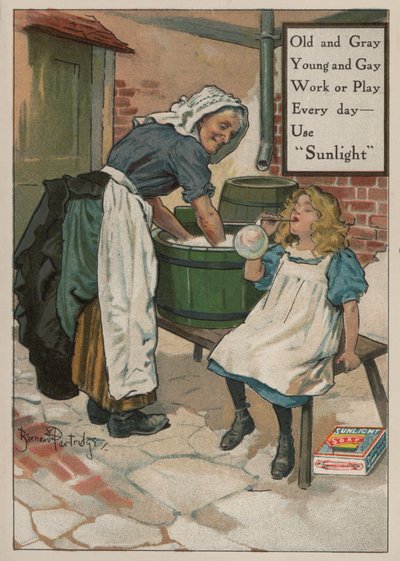 Ragazza che soffia bolle mentre sua nonna fa il bucato: pubblicità per il sapone Sunlight da Bernard Partridge