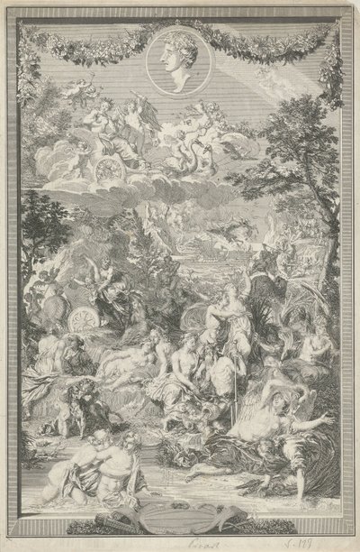 Pagina del titolo allegorica con varie scene dalle Metamorfosi di Ovidio e il suo ritratto da Bernard Picart