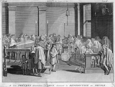 Sommo Sacerdote di Israele appartenente alle famiglie sacerdotali ebraiche che tracciano la loro linea paterna fino ad Aronne danno la loro benedizione al popolo ebraico. Incisione da 