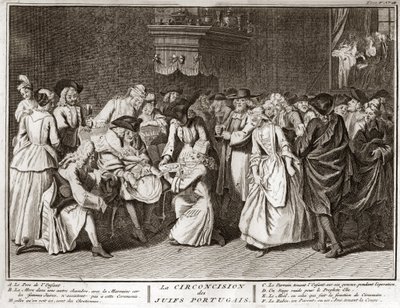 Cerimonia della circoncisione nella comunità ebraica portoghese, incisione da "Illustration de ceremonies et customs religieuses de tous les peuples du monde" di Bernard Picart (1723-1743) da Bernard Picart