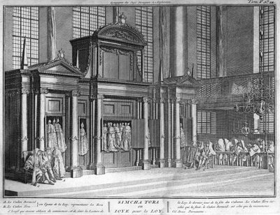 Ebraismo: la festa di Simchat Torah (festa ebraica di Simchat Torah) Incisione da "Illustrazione di cerimonie e costumi religiosi di tutti i popoli del mondo" di Bernard Picart (1723-1743) 1819 Collezione privata da Bernard Picart