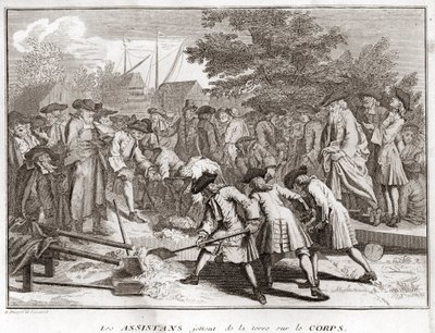 Ebraismo: gli assistenti gettano terra sul corpo durante il funerale (funerale ebraico) Incisione da "Illustrazione di cerimonie e costumi religiosi di tutti i popoli del mondo" di Bernard Picart (1723-1743) 1819 Collezione privata da Bernard Picart