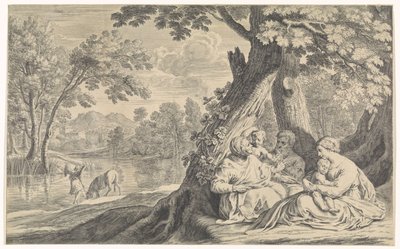 Paesaggio con la Sacra Famiglia, accompagnata da Elisabetta e Giovanni Battista da Bernard Picart