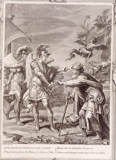 Fineo è liberato dalle Arpie da Calais e Zetes, 1731 da Bernard Picart
