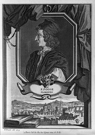 Ritratto di Giovanni Francesco Poggio Bracciolini, detto Il Poggio o Il Poggio Fiorentino (1380-1459), umanista italiano, incisione di Bernard Picart, Parigi da Bernard Picart