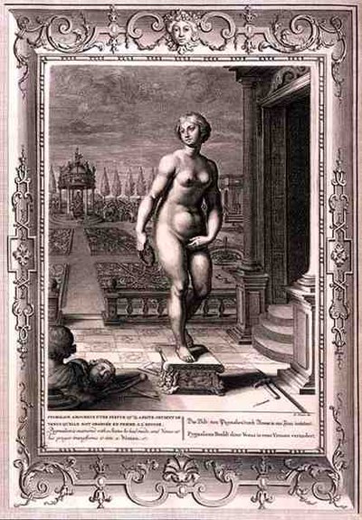 Pigmalione è innamorato di una statua che ha fatto, e alla sua preghiera Venere la trasforma in una donna da Bernard Picart