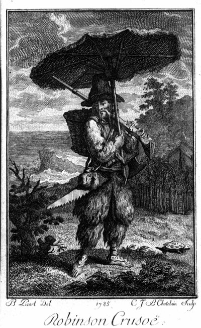 Rappresentazione di Robinson Crusoe sulla sua isola deserta. Incisione di Bernard Picart (1673-1733) che illustra il romanzo di Daniel Defoe (1660-1731) da Bernard Picart
