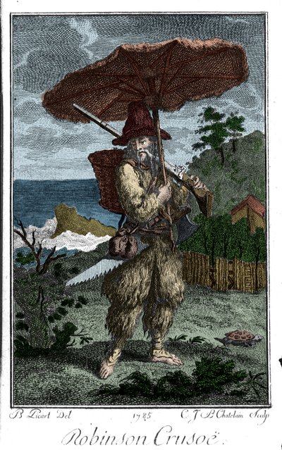 Rappresentazione di Robinson Crusoe sulla sua isola deserta. Incisione di Bernard Picart (1673-1733) che illustra il romanzo di Daniel Defoe (1660-1731) da Bernard Picart