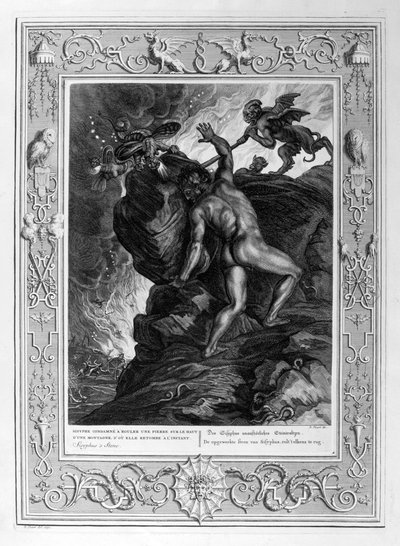 Sisifo che spinge la sua pietra su una montagna, 1733 da Bernard Picart