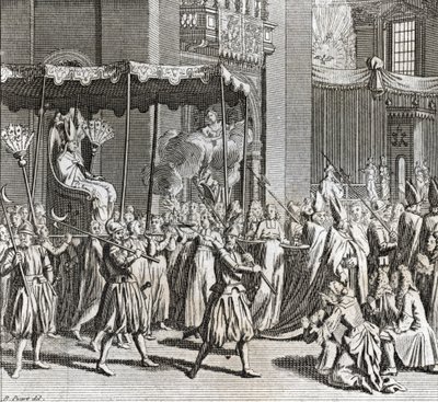 Solenne Inaugurazione del Pontificato: il rogo di un panno) Incisione da "Illustrazione di cerimonie e costumi religiosi di tutti i popoli del mondo" di Bernard Picart (1723-1743) 1819 Collezione privata da Bernard Picart