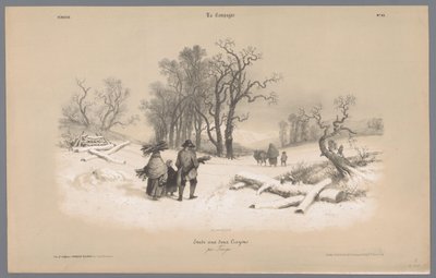 Famiglia raccoglie legna nella neve (Rappresentazioni della vita rurale) (La Campagne. Études variées aux deux Crayons) da Bernard Romain Julien