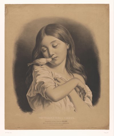 Giovane ragazza con un uccello sulla spalla (dalla serie Nuovi studi vari) da Bernard Romain Julien