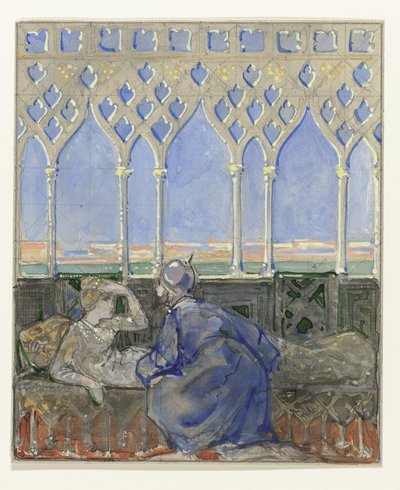 Donna su un letto di riposo e uomo inginocchiato accanto a lei da Bernard Willem Wierink