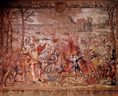 Le cacce di Massimiliano: il mese di gennaio, Acquario, caccia al cinghiale, flambee, curee - Arazzo realizzato nei laboratori fiamminghi da Bernard van Orley da Bernard van (after) Orley