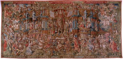 Arazzo fiammingo. Serie Gli Onori. Fama (La Fama). Terzo arazzo della serie. Modello Cartonisti del circolo di Bernard van Orley e Jan Gossaert (Mabuse). Manifattura Pieter van Aelst, Bruxelles. Ca 1550. Tessuto Oro, argento, seta e lana. da Bernard van Orley