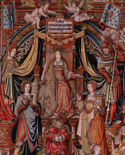 Arazzo fiammingo. Serie Gli Onori. Giustizia (La Justicia, Los Honores). Nono arazzo della serie. Modello Cartonisti del circolo di Bernard van Orley e Jan Gossaert (Mabuse). Manifattura Pieter van Aelst, Bruxelles. Ca 1550. Tessuto Oro, argento, da Bernard van Orley