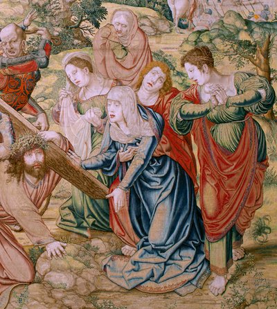 Arazzo fiammingo. Serie La Passione di Cristo. Caduta sulla via del Calvario. Secondo arazzo della serie. Modelli del cartone Bernard van Orley. Manifattura Pieter de Pannemaker, Bruxelles. Ca 1518-1523. Tessuto oro, argento, da Bernard van Orley